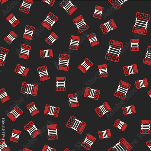 Line Musical instrument accordion icon isolated seamless pattern on black background. Classical bayan, harmonic. Vector