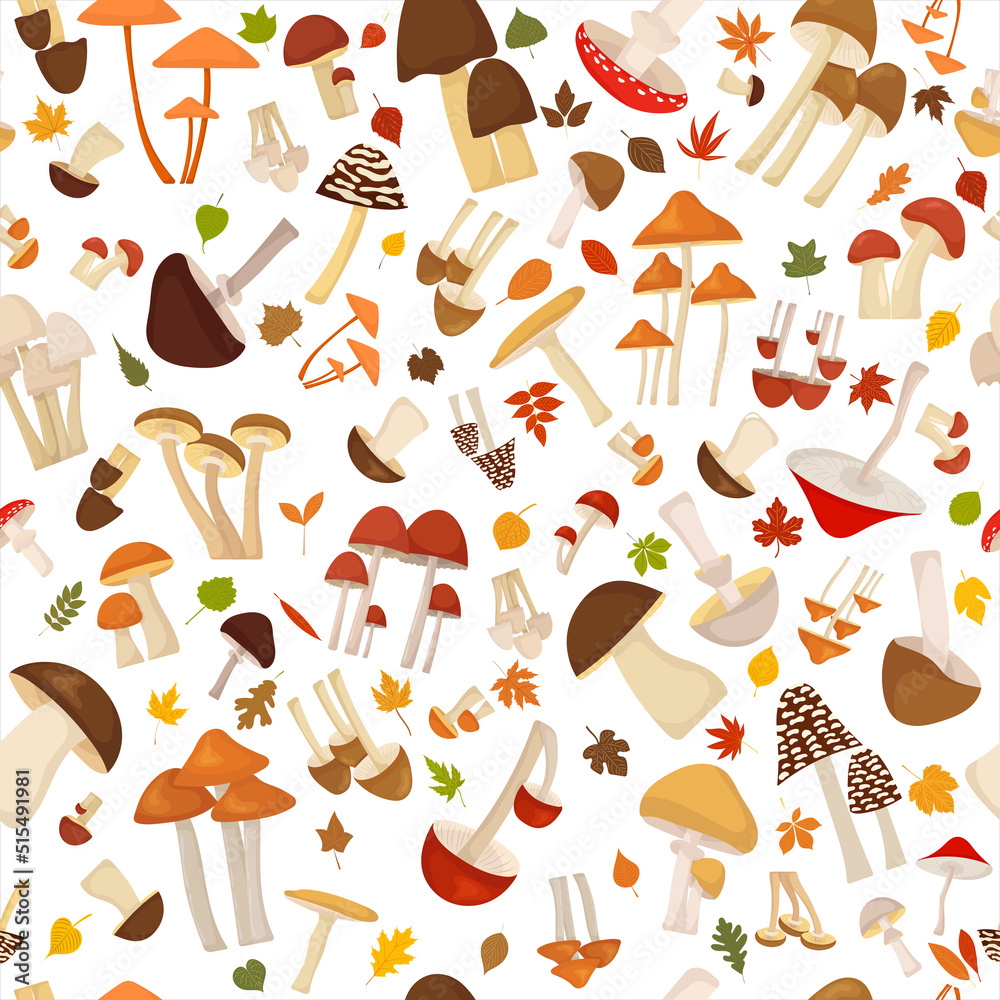 mushroom leaves, autumn seamless white background, vector mushroom leaves, autumn seamless white background, vector