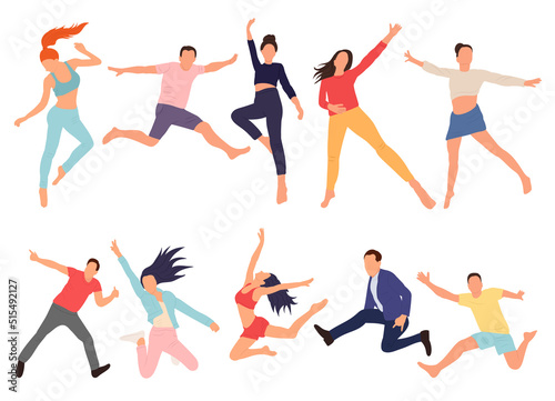 people jumping in flat style, set isolated, vector