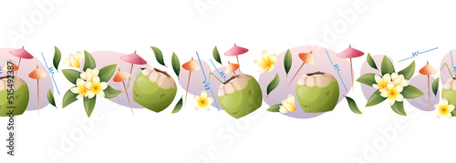 A seamless border with a green coconut with a cocktail and frangipani flowers. Suitable for decorating beach and summer illustrations.