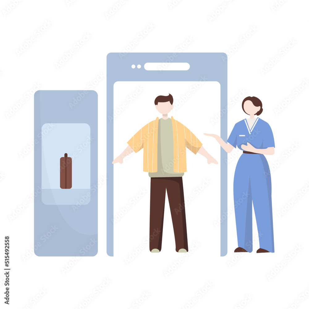 People in airport flat color icon of pilot stewardess tourists with travel bags at checkpoint and security screening. Passport control, luggage, security, check. Isolated vector illustration