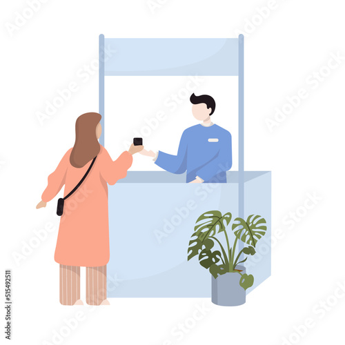 People in airport flat color icon of pilot stewardess tourists with travel bags at checkpoint and security screening. Passport control, luggage, security, check. Isolated vector illustration