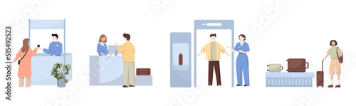 People in airport flat color icons set of pilot stewardess tourists with travel bags at checkpoint and security screening. Passport control, luggage, security, check. Isolated vector illustration