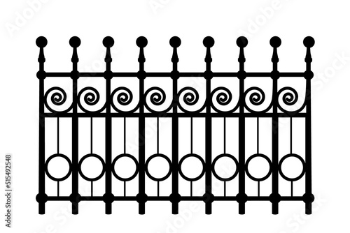 Decorative cast iron wrought fence silhouette with artistic forging isolated on white background. Metal guardrail. Steel modular railing. Vintage gate with swirls. Black forged lattice fence. Vector