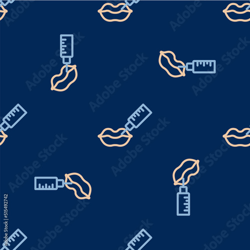 Line Lip augmentation icon isolated seamless pattern on blue background. Hyaluronic acid lips injection. Contour plastic. Vector