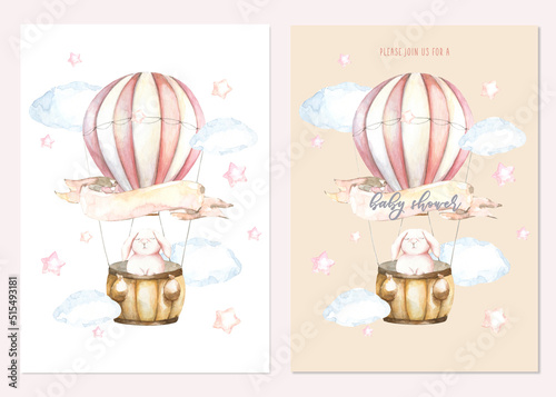 Cute watercolor set of flying bunny air balloon illustration,boho woodland peach card design for kids, baby shower invitation,greeting card, poster, frame art, printable, birthday party,it's a boy