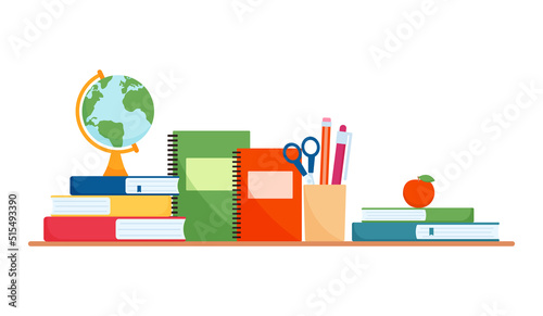 Learning and reading concept. Stationery accessories with books and globe
