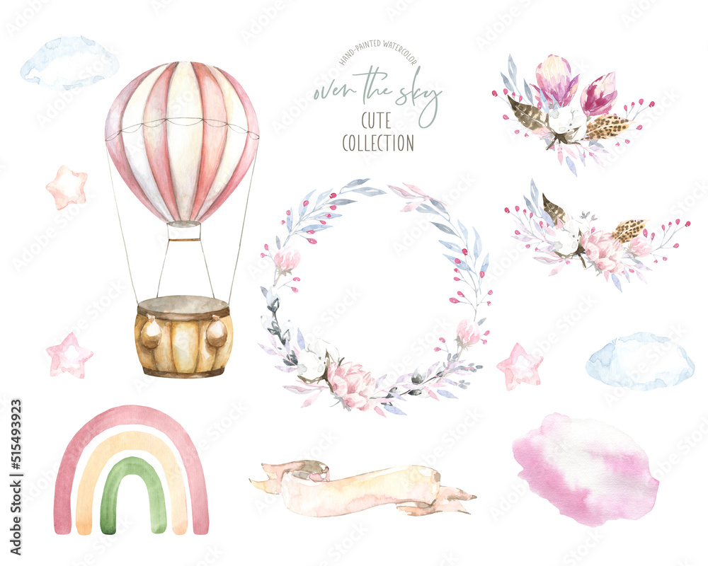 Cute watercolor air balloon illustration,floral wreath, bouquet,rainbow boho woodland baby shower design set for kids, nursery baby shower invitation,greeting card,birthday party sticker diy