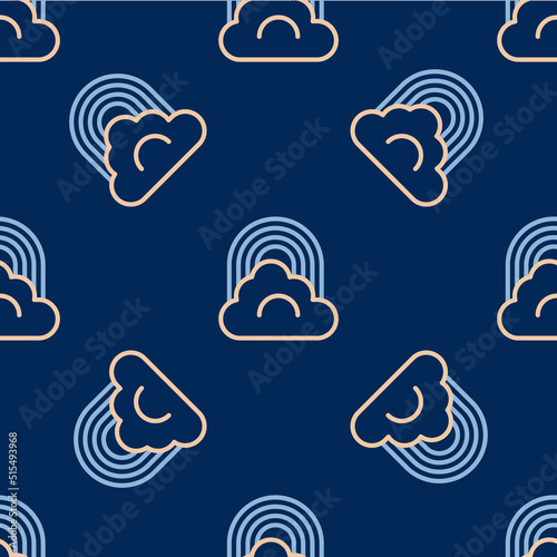 Line Rainbow with cloud icon isolated seamless pattern on blue background. Vector