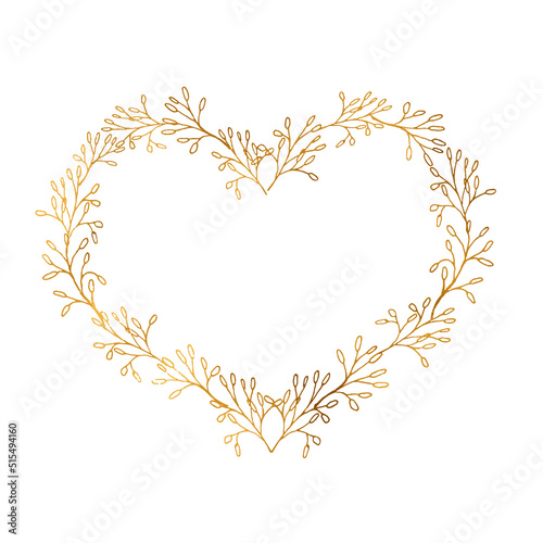 Golden floral wreath frame Hearts floral golden wreath. Gold Colored Flower Wreath. Floral Vector Design Element for invite