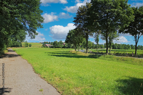Beautiful rural lower rhine (Niederrhein) summer landscape, green forest, agricultural fields, blue sky fluffy clouds, bike cycling path - Hinsbeck, Nettetal, Germany photo
