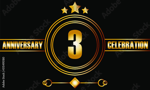 3 anniversary celebration. Three years birthday celebration banner with bright gold color.