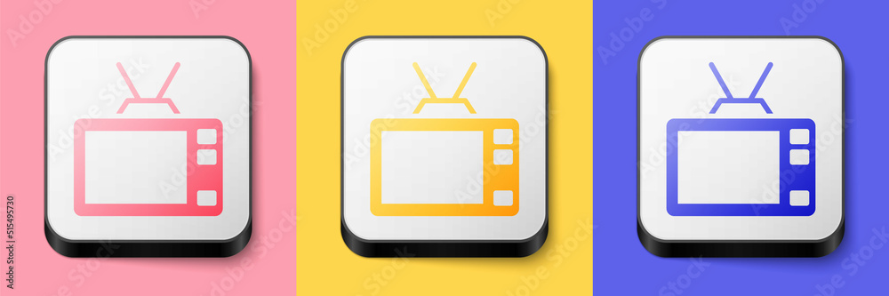 Isometric Retro tv icon isolated on pink, yellow and blue background. Television sign. Square button. Vector