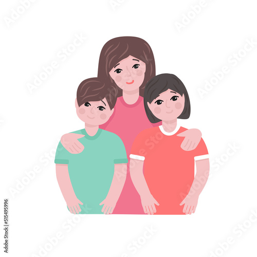 Mother hugginf son and daughter. Happy family on a white background.