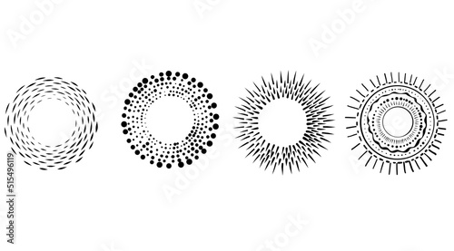 A hand-drawn set of sunburst shineray and sparkle. Circular flash of the sun, stars. Abstract circles, rays. Dots and lines. The style of the doodle sketch. Vector illustration