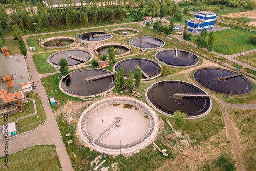 Water sedimentation basins at sewage treatment plant. Sewage treatment plant removes contaminated wastewate