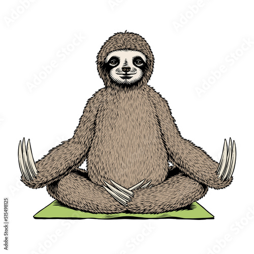 Cute sloth meditating in a lotus position. Animal yoga, meditation, relaxation. Comic style vector illustration.