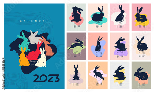 2023 ?alendar design. Week starts on Sunday. Calendar design. 2023 with various brush stroke rabbits. Vertical A4. Abstract artistic cute vector hares. Pastel background. Set of 12 months photo