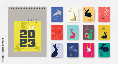Calendar 2023 with various rabbits, planner organizer. Colored covers and 12 month pages bunny in different styles, character mascot symbol year. Set of Flat cartoon template, cute vector hare