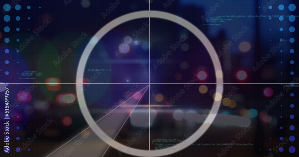 Fototapeta premium Image of blurred traffic lights over processing circle and dark space