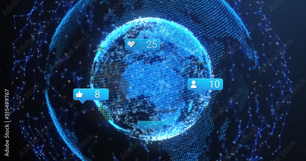 Obraz premium Image of globe, connections and social media reactions on navy background