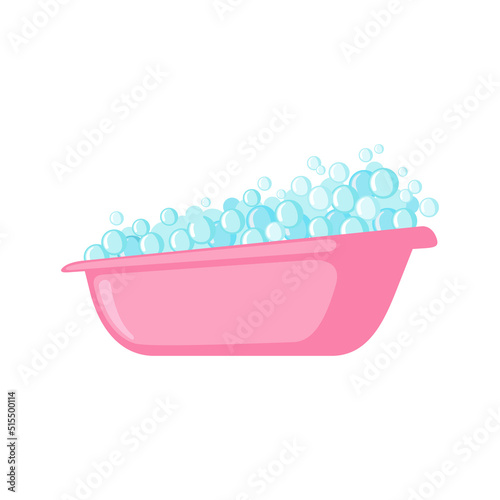 Pink baby bath with foam bubbles icon in flat style isolated on white background.