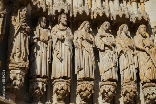 Statues on the facade of the Cathedral Basilica of Our Lady of Amiens in Picardy, France - This gothic style medieval building is listed as a UNESCO World Heritage Site
