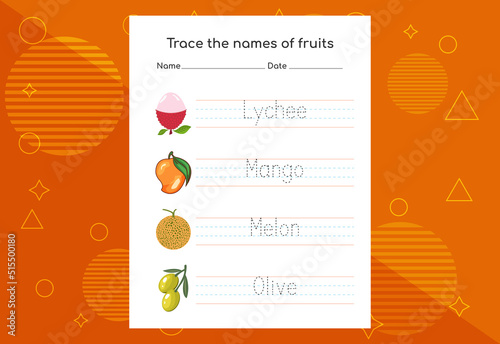 Trace the names of fruits. Handwriting practice for preschool kids.