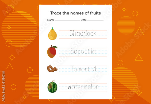Trace the names of fruits. Handwriting practice for preschool kids.