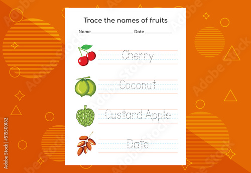 Trace the names of fruits. Handwriting practice for preschool kids.