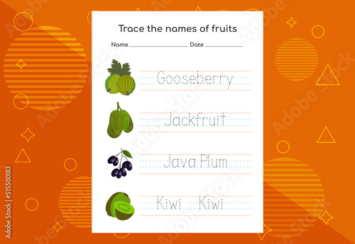 Trace the names of fruits. Handwriting practice for preschool kids.