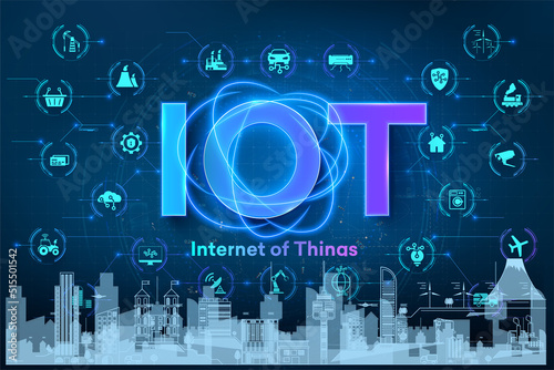 Connecting various high-tech devices to each other. The concept of a smart smart city. Industrial city of Siluet. A web banner for your website with the inscription IOT and icons,  Internet of things