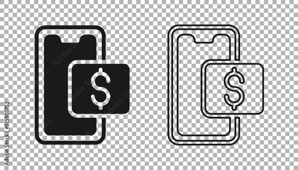Black Mobile phone and shopping cart icon isolated on transparent background. Online buying symbol. Supermarket basket symbol. Vector Black Mobile phone and shopping cart icon isolated on transparent background. Online buying symbol. Supermarket basket symbol. Vector
