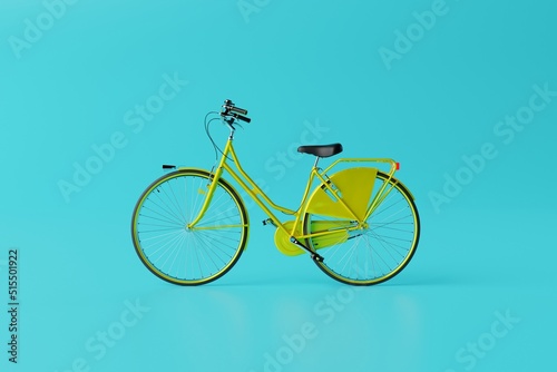 Yellow bicycle on a blue background. Concept of cycling, environmental protection and keeping fit. 3D rendering, 3D illustration.