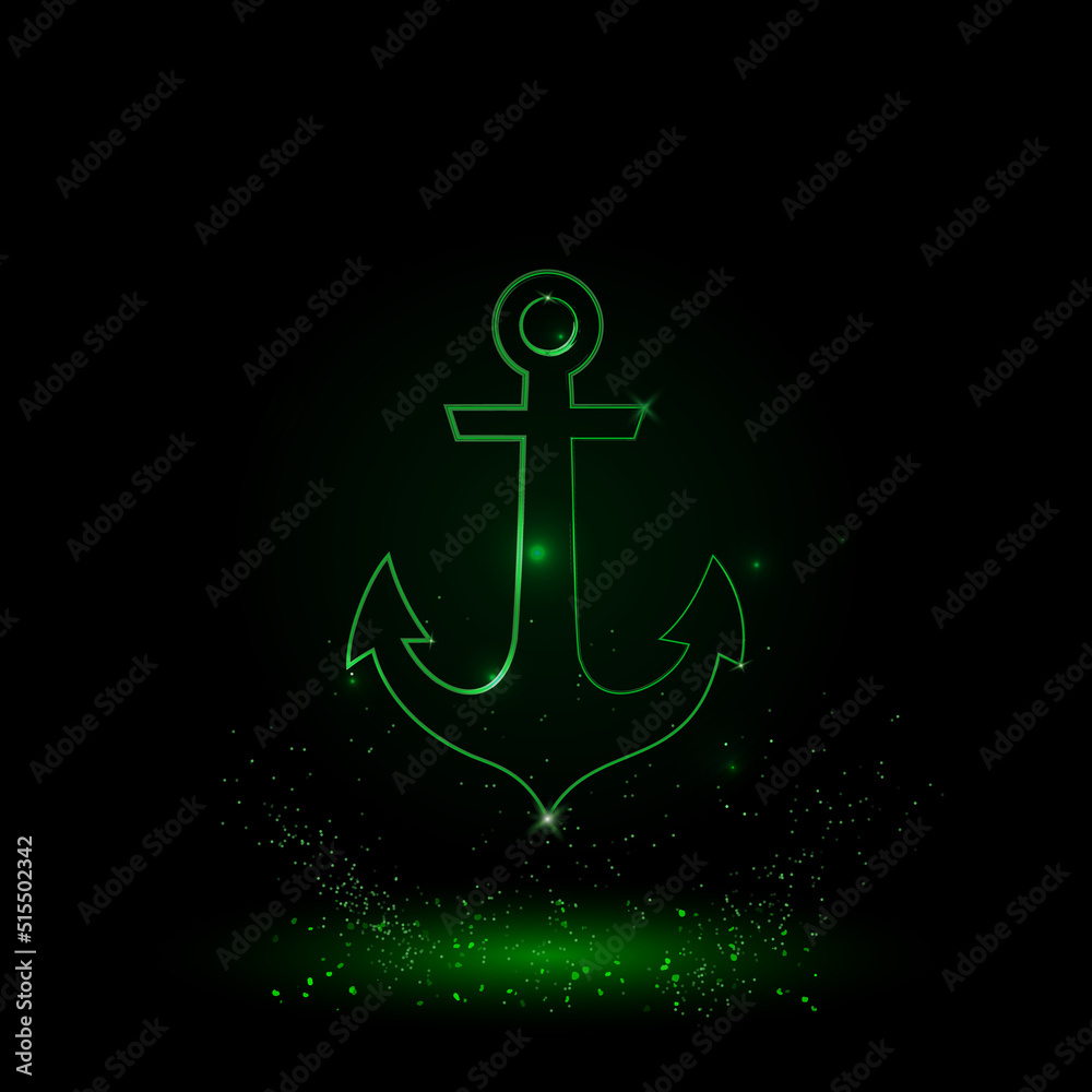 A large green outline sea anchor symbol on the center. Green Neon style. Neon color with shiny stars. Vector illustration on black background A large green outline sea anchor symbol on the center. Green Neon style. Neon color with shiny stars. Vector illustration on black background