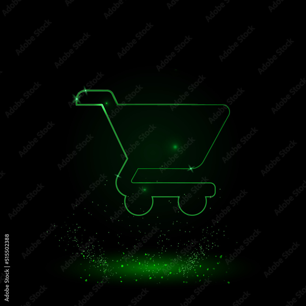 A large green outline shopping cart symbol on the center. Green Neon style. Neon color with shiny stars. Vector illustration on black background A large green outline shopping cart symbol on the center. Green Neon style. Neon color with shiny stars. Vector illustration on black background
