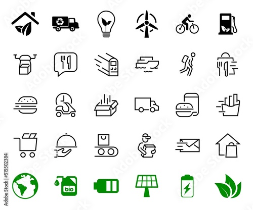 PIZZA DELIVERY, and Food Icon Set Vector thin line, contains courier, home delivery, food ordering, fast transport, drone, ship, car, editable stroke. ICONS circuits