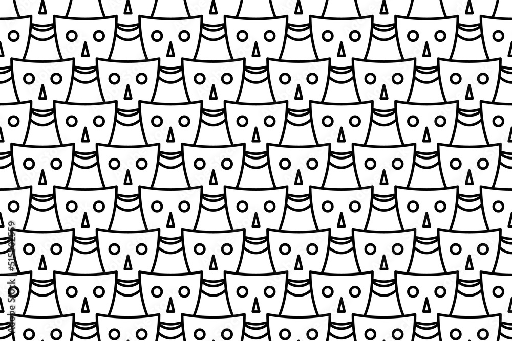 Seamless pattern completely filled with outlines of theatrical masks. Elements are evenly spaced. Vector illustration on white background