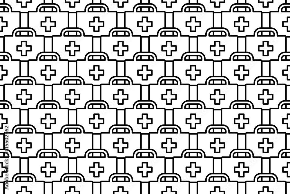 Seamless pattern completely filled with outlines of first aid symbols. Elements are evenly spaced. Vector illustration on white background