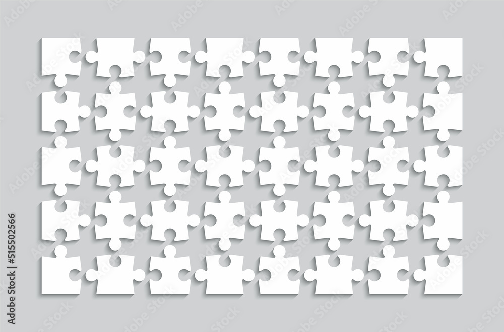 Puzzle pieces. Jigsaw grid wit hseparate shapes. Simple mosaic layout with 40 detached pieces. Thinking game on gray background. Laser cut frame. Vector illustration. Puzzle pieces. Jigsaw grid wit hseparate shapes. Simple mosaic layout with 40 detached pieces. Thinking game on gray background. Laser cut frame. Vector illustration.