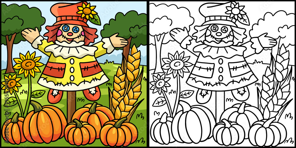 Thanksgiving Scarecrow Coloring Page Illustration