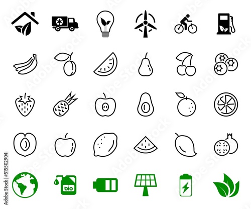 Fruit Icon Set, Vector lines, Contains icons such as apple, banana, cherry, lemon, watermelon, Avocado Editable stroke, 48x48 pixels, White background, eps 10