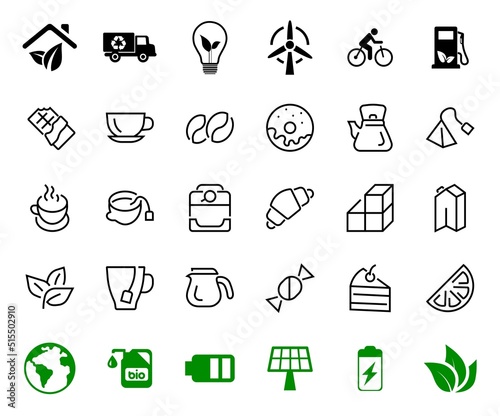 COFFEE and TEA LINEAR ICONS SET, contains Icons of tea, tea bag, Coffee machine, cake, sugar, teapot, cup, milk, cream, Lemon, chocolate bar, LINEAR ICONS Editable stroke