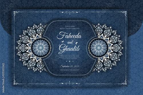 Luxury Mandala Wedding Invitation Card template with golden arabesque pattern Arabic Islamic east background style. Editable vector file. Decorative mandala for print, poster, cover, flyer, banner.