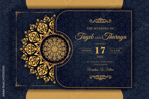 Luxury Mandala Wedding Invitation Card template with golden arabesque pattern Arabic Islamic east background style. Editable vector file. Decorative mandala for print, poster, cover, flyer, banner.