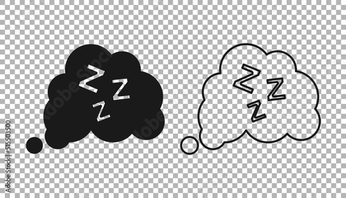 Black Sleepy icon isolated on transparent background. Sleepy zzz talk bubble. Vector