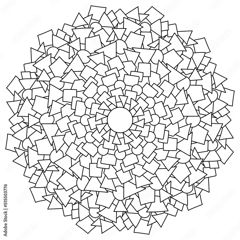 Contour mandala of circles, triangles and trapezoid, meditative coloring page