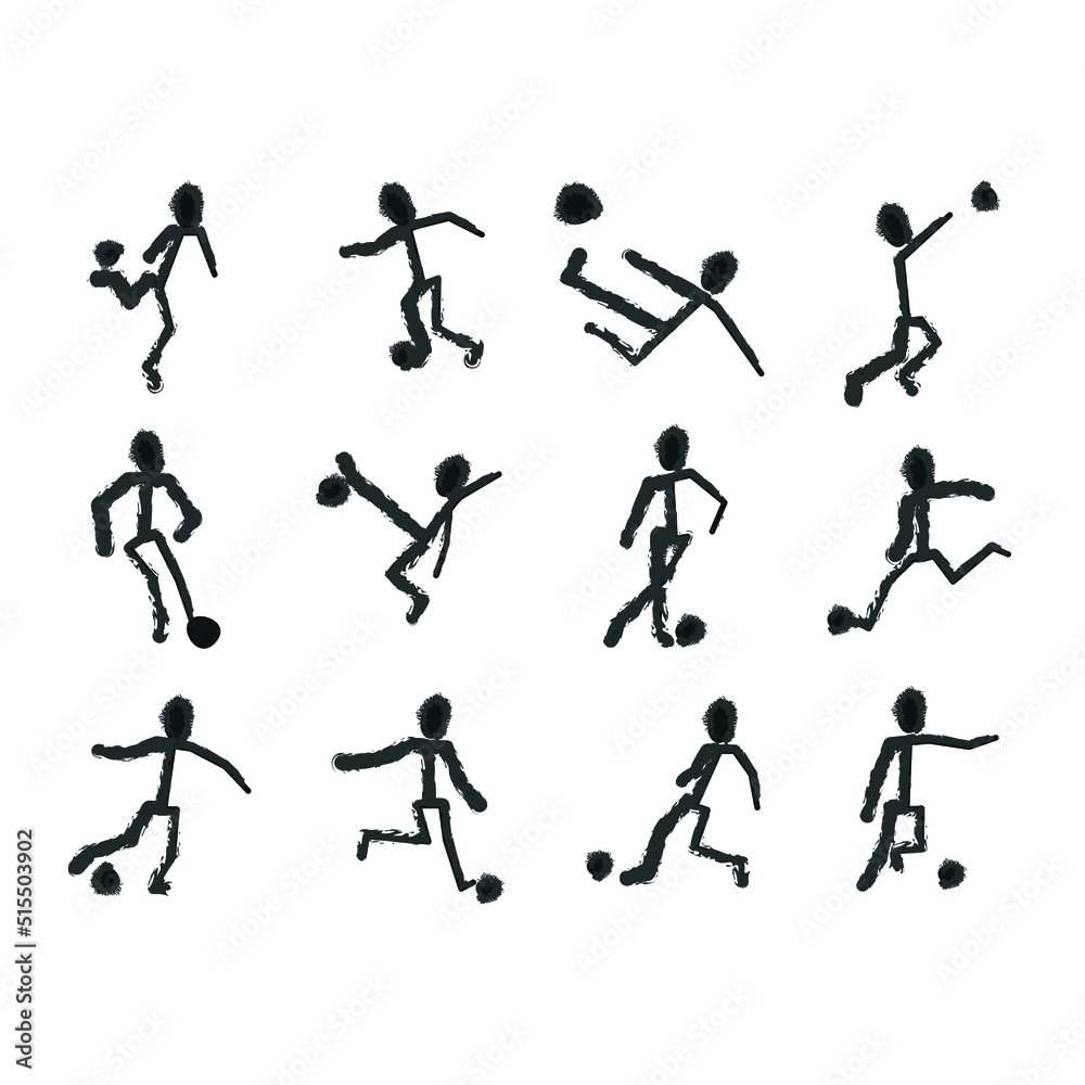 Hand-drawn sport icon set. Different positions of man playing with ball. Logo collection made with black brush on white background. Vector illustration. Hand-drawn sport icon set. Different positions of man playing with ball. Logo collection made with black brush on white background. Vector illustration.