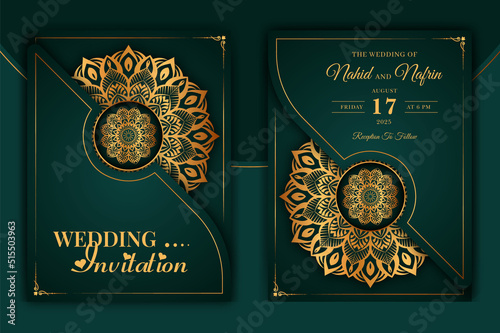 Luxury Mandala Wedding Invitation Card template with golden arabesque pattern Arabic Islamic east background style. Editable vector file. Decorative mandala for print, poster, cover, flyer, banner.