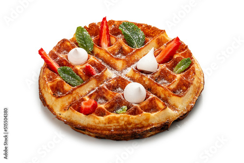American round waffle. With strawberries and meringue. On a white background, isolated.